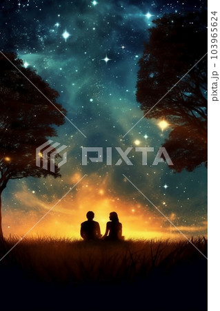 couple sitting under the stars beautiful sky 103965624