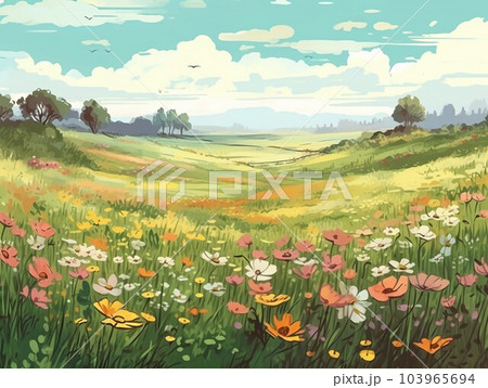 Spring Landscape With Flowering Flowers On Meadow Stock Photo