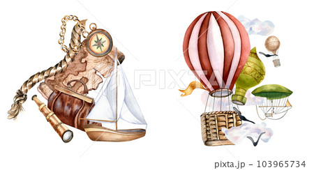 Composition of ancient map, air transport watercolor illustration isolated on white. Compass, sailboat, handle bag, aircraft, ship hand drawn. Childish design, element for boy's print, postcard Composition of ancient map, air transport watercolor illustration isolated on white. Compass, sailboat, handle bag, aircraft, ship hand drawn. Childish design, element for boy's print, postcard 103965734