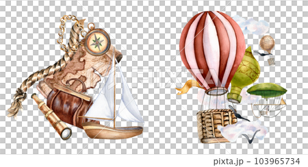 Composition of ancient map, air transport watercolor illustration isolated on white. Compass, sailboat, handle bag, aircraft, ship hand drawn. Childish design, element for boy's print, postcard Composition of ancient map, air transport watercolor illustration isolated on white. Compass, sailboat, handle bag, aircraft, ship hand drawn. Childish design, element for boy's print, postcard 103965734