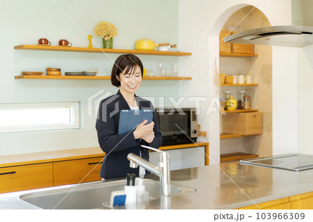 キッチンの紹介をする女性 キッチンの紹介をする女性 103966309