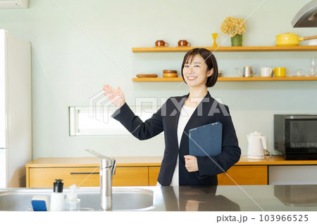 キッチンの紹介をする女性 103966525