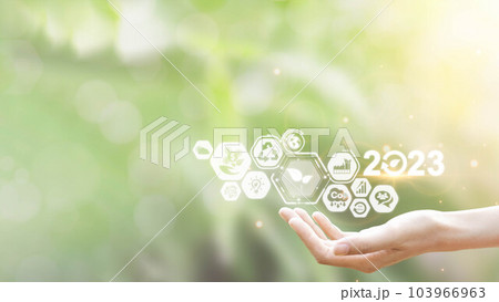 business man with new year 2023 icon. Green business, compared to the year 2022-2023. green community. new green business. plan, Goals, opportunity, environmental sustainability target. business man with new year 2023 icon. Green business, compared to the year 2022-2023. green community. new green business. plan, Goals, opportunity, environmental sustainability target. 103966963