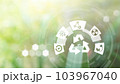 Blured green leave background and Smart technology with Internet of things futuristic agriculture concept, Sustainable energy, Metaverse, AI Futuristic Smart virtual interface. 103967040