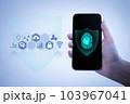 Hand of business woman use smart phone, futuristic ai technology, Internet of things, social media and big data concept,  everthing with one finger click on hologarphic interface 103967041