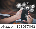 Hand of business woman use smart phone, futuristic ai technology, Internet of things, social media and big data concept,  everthing with one finger click on hologarphic interface 103967042