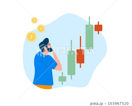Long financial stock or crypto market concept. Male trader looks at rising Japanese candlestick chart and thinks how to make money on volatility. Bull trend with liquidation, margin call 103967520