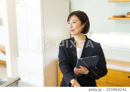 キッチンの紹介をする女性 103968241