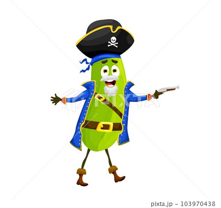 Cartoon halloween zucchini pirate character. Isolated vector fantasy filibuster raw vegetable. Funny corsair healthy food personage wearing buccaneer costume, tricorn hat, and boots shoot with gun Cartoon halloween zucchini pirate character. Isolated vector fantasy filibuster raw vegetable. Funny corsair healthy food personage wearing buccaneer costume, tricorn hat, and boots shoot with gun 103970438