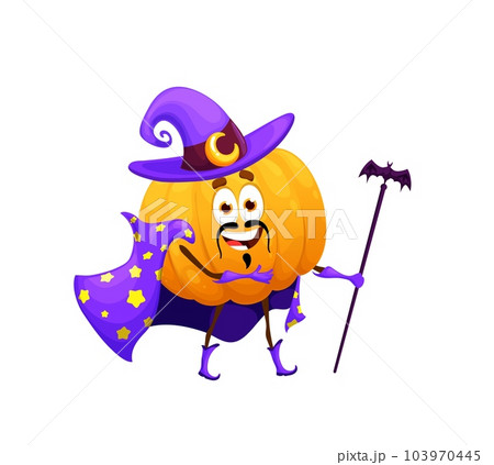 Cartoon Halloween pumpkin wizard character. Imaginative vector vegetable holding magic staff dressed in long cape and pointy hat exudes a magical and mystical aura. Fantasy warlock veggies personage Cartoon Halloween pumpkin wizard character. Imaginative vector vegetable holding magic staff dressed in long cape and pointy hat exudes a magical and mystical aura. Fantasy warlock veggies personage 103970445