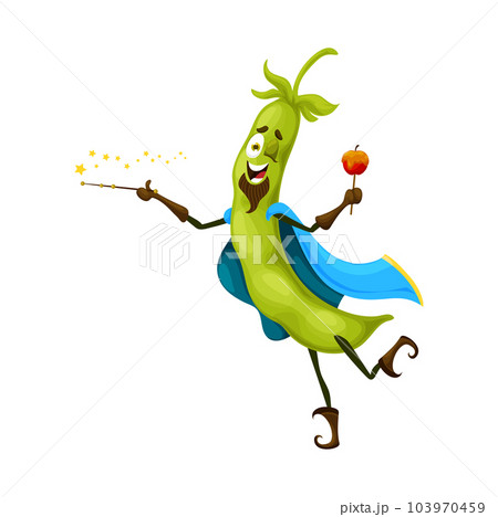 Cartoon Halloween bean mage character. Isolated vector funny Hallowmas veg, blithe green pea pod wizard with magic wand and caramel apple casts sorcery spell. Comic joyous vegetable personage in cape 103970459