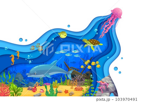 Cartoon underwater sea paper cut landscape. Jellyfish, dolphin, turtle and fish, seaweeds and sunken ship featured in colorful papercut 3d vector wavy frame. Water depth dimensional whimsical scene 103970491