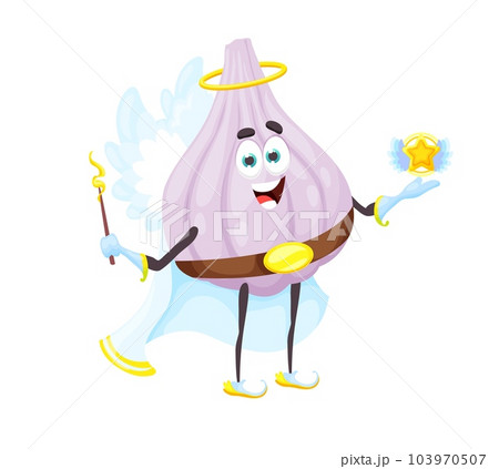 Cartoon Halloween garlic fairy character. Funny vector vegetable pixie fantasy personage with level star and wand. Whimsical mischievous garden plant with amusing face expression wear magical outfit 103970507