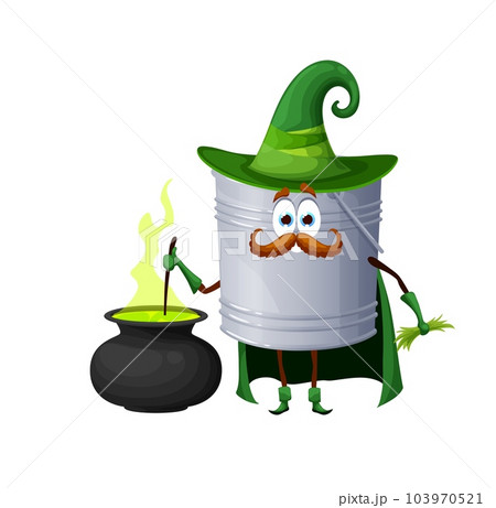 Cartoon Halloween tin of paint wizard character with cauldron bubbling with green potion. Isolated vector funny diy tool sorcerer personage wear pointed hat and cape cooking brew and casting spell 103970521