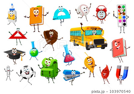 Cartoon funny education stationery characters. Vector glue, textbook, ruler, alarm clock and baseball ball with glove. Paints, school bus, academic cap and glass beaker. Rucksack, fallen leaves, clip Cartoon funny education stationery characters. Vector glue, textbook, ruler, alarm clock and baseball ball with glove. Paints, school bus, academic cap and glass beaker. Rucksack, fallen leaves, clip 103970540