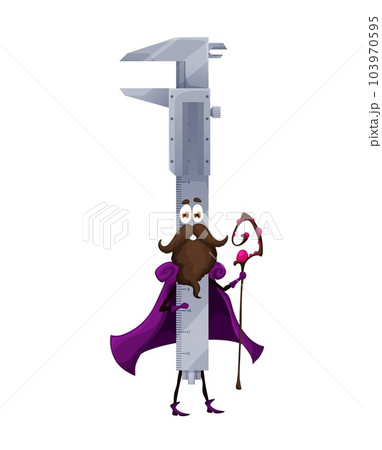 Cartoon Halloween vernier caliper tool wizard character. Isolated vector warlock construction measurement instrument dressed in Hallowmas attire with playful face expression holding magic wiz staff 103970595