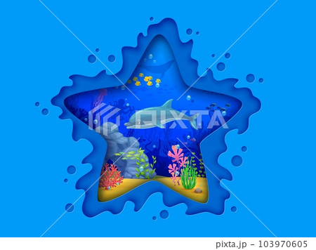 Sea starfish paper cut shape with underwater landscape featuring variety of stunning marine life such as dolphin, whale, fish shoal, corals and seaweed inside of 3d vector frame with intricate details 103970605