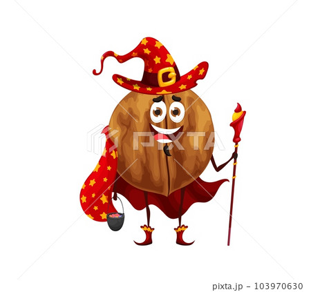 Cartoon Halloween walnut wizard character. Isolated vector funny wiz nut grasp on enchanted wand and sweets in pot. Comic joyous witchcraft food personage in red cape and pointed hat with golden stars 103970630