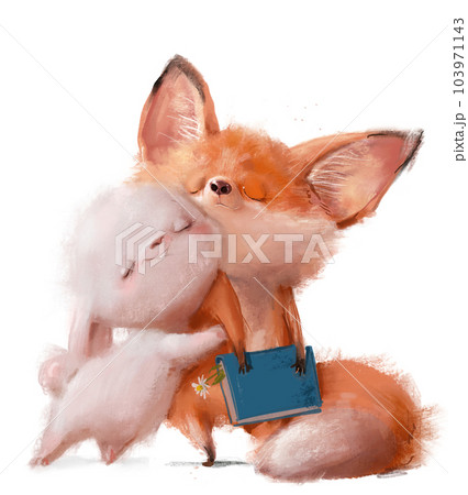 cute cartoon fox with white hare hugging cute cartoon fox with white hare hugging 103971143