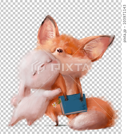cute cartoon fox with white hare hugging cute cartoon fox with white hare hugging 103971143
