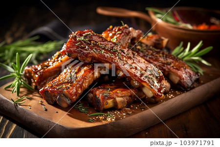 Succulent and tender pork ribs marinated in a savory blend of spices, then grilled and glazed with a sweet honey mixture 103971791