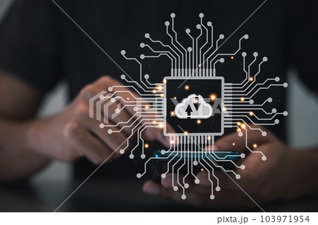 Virtual screen with cloud computing diagram displayed by a man. Cloud technology and networking concept. Laptop and server in the background symbolize digital innovation and information technology. Virtual screen with cloud computing diagram displayed by a man. Cloud technology and networking concept. Laptop and server in the background symbolize digital innovation and information technology. 103971954
