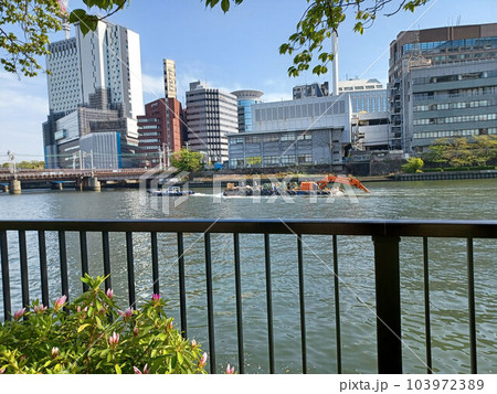 建築機材を運ぶ船の向こうに線路と都市風景。フェンスの手前に花のつぼみ。川面に花びらが浮かぶ 103972389
