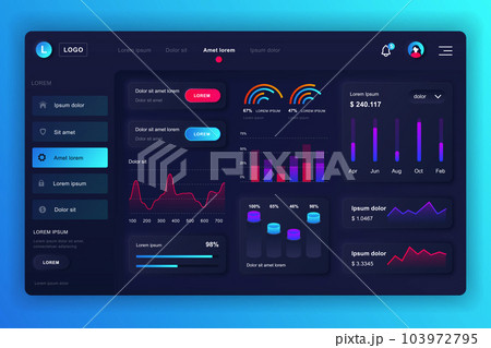 Neumorphic dashboard UI kit. Admin panel vector design template with infographic elements, HUD diagram, info graphics. Website dashboard for UI and UX design web page. Neumorphism style. 103972795