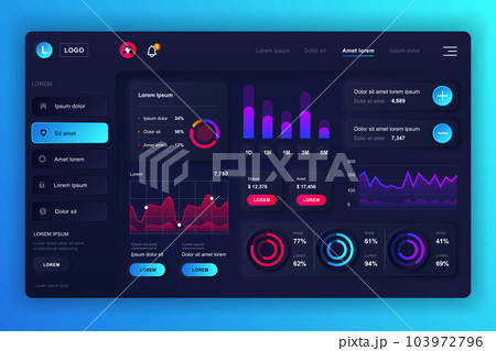 Neumorphic dashboard UI kit. Admin panel vector design template with infographic elements, HUD diagram, info graphics. Website dashboard for UI and UX design web page. Neumorphism style. 103972796