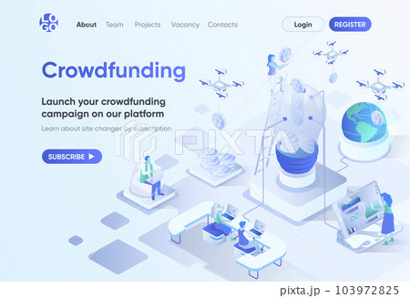 Crowdfunding platform isometric landing page. 103972825
