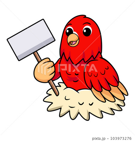 Cute red suffusion lovebird cartoon holding blank sign 103973276