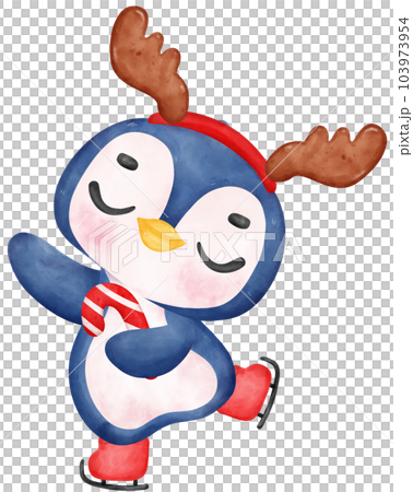 Cute happy mischievous Penguin skating watercolor hand painting cartoon animal character 103973954