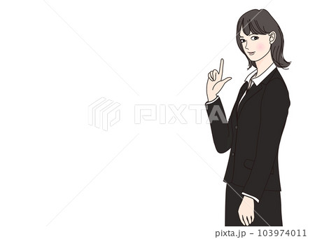 スーツ姿で指差しポーズをする若い日本人女性 会社員のイラスト 上半身正面 横向き 103974011