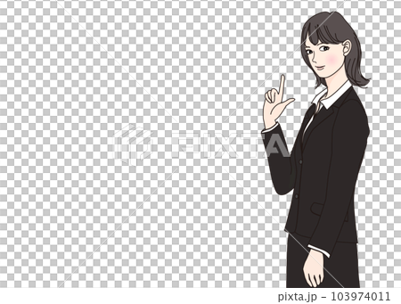 スーツ姿で指差しポーズをする若い日本人女性 会社員のイラスト 上半身正面 横向き 103974011