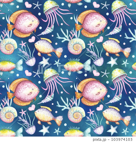 Watercolor ocean seamless pattern with colorful jellyfish, fish Watercolor ocean seamless pattern with colorful jellyfish, fish 103974103