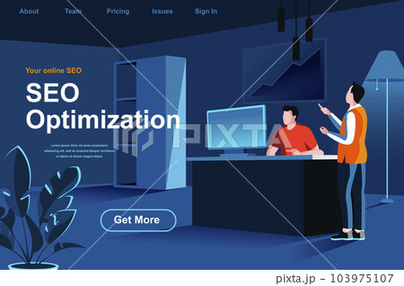 SEO optimization isometric landing page. Marketing team working in office website template. Analyze website analytics, planning SEO strategy and code optimization perspective flat vector illustration. 103975107