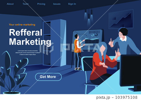 Referral marketing flat isometric landing page. Marketers discussing project near computer website template. Promotion and advertising campaign, referral program perspective flat vector illustration. Referral marketing flat isometric landing page. Marketers discussing project near computer website template. Promotion and advertising campaign, referral program perspective flat vector illustration. 103975108