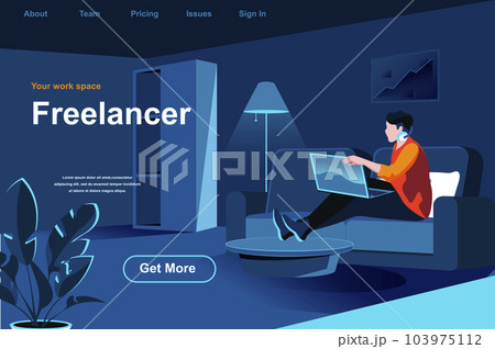 Freelance job isometric landing page. Young man working with laptop at home office website template. Remote work at company and self-employed occupation perspective flat design. Vector illustration. Freelance job isometric landing page. Young man working with laptop at home office website template. Remote work at company and self-employed occupation perspective flat design. Vector illustration. 103975112