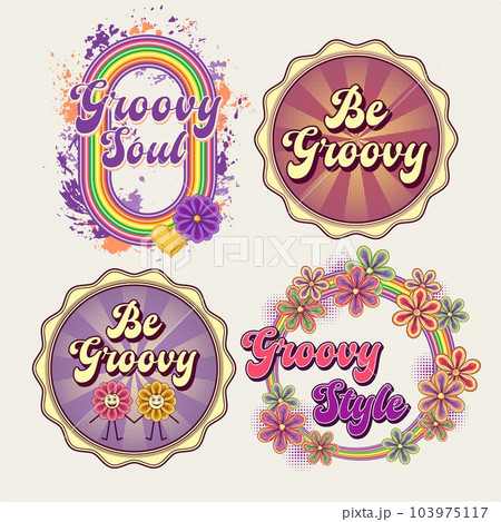 Circular retro labels with text, chamomile flowers, radial halftone beams, paint splatter. Concept of positivity, love and harmony. Groovy, hippie style. Illustrations on white background. Circular retro labels with text, chamomile flowers, radial halftone beams, paint splatter. Concept of positivity, love and harmony. Groovy, hippie style. Illustrations on white background. 103975117