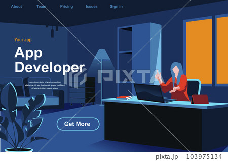 App development isometric landing page. Programmer working with computer in office website template. UI, UX responsive design, application programming and testing perspective flat vector illustration. App development isometric landing page. Programmer working with computer in office website template. UI, UX responsive design, application programming and testing perspective flat vector illustration. 103975134