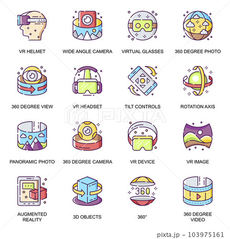 Virtual reality flat icons set. Wide angle camera, VR headset, 360 degree view, panoramic photo, tilt control and rotation axis line pictogram for mobile app. Innovation entertainment vector icon pack 103975161