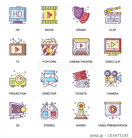 Cinema entertainment flat icons set. Video presentation, 3D and stereo movie, cinema theater, popcorn and tickets, HD movie and award line pictograms for mobile app. Video production vector icon pack. Cinema entertainment flat icons set. Video presentation, 3D and stereo movie, cinema theater, popcorn and tickets, HD movie and award line pictograms for mobile app. Video production vector icon pack. 103975185