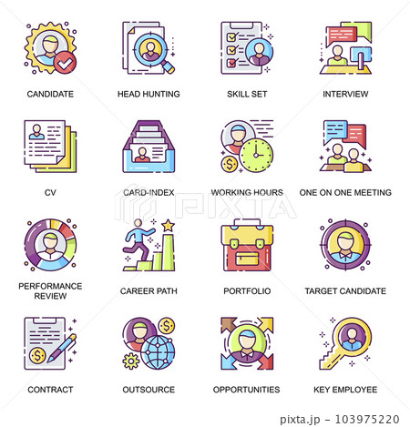Head Hunting flat icons set. Candidate interview, career path, performance review, portfolio and skills, target candidate line pictograms for mobile app. Human resource management vector icon pack. 103975220