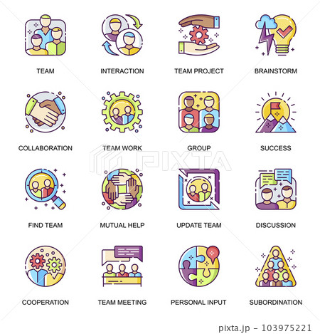 Teamwork flat icons set. Team meeting, personal input, mutual help, work team collaboration and brainstorming line pictograms for mobile app. Corporate relationship and partnership vector icon pack. Teamwork flat icons set. Team meeting, personal input, mutual help, work team collaboration and brainstorming line pictograms for mobile app. Corporate relationship and partnership vector icon pack. 103975221