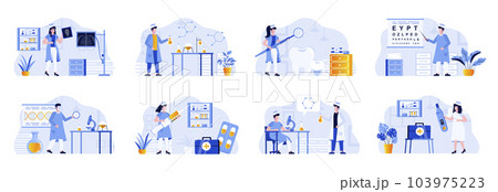 Medicine scenes bundle with people characters. Laboratory diagnostics, pharmacology research, ophthalmology, radiology and stomatology situations. Diagnosis and treatment flat vector illustration 103975223