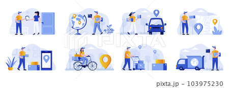 Delivery scenes bundle with people characters. Online order and couriers delivery at home, global shipping and local distribution, logistics situations. Express delivery flat vector illustration. Delivery scenes bundle with people characters. Online order and couriers delivery at home, global shipping and local distribution, logistics situations. Express delivery flat vector illustration. 103975230