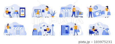 Shopping scenes bundle with people characters. Shopper carry shopping bags, online order and delivery at home, internet discount marketplace situations. Shopping people flat vector illustration. 103975231