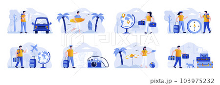Travel vacation scenes bundle with people characters. Tourists traveling by car or plane, couple with luggage, surfer with surfboard situations. Summer holidays and activity flat vector illustration 103975232