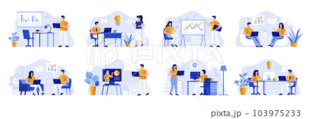 Business meeting scenes bundle with people characters. Manager making presentation, teamwork of colleagues in company situations. Corporate partnership and leadership flat vector illustration 103975233
