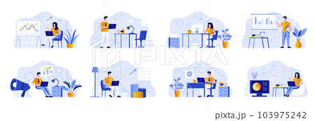 Marketing department bundle with people characters. Marketers working with laptops and doing presentation with diagrams in office situations. Marketing research and analysis flat vector illustration. 103975242